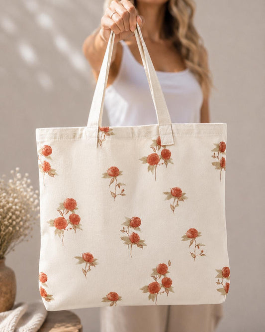 Vintage Rose Cotton Tote Bag | Floral Cotton Shoulder Bag | Cottagecore Reusable Shopping Tote | Soft Everyday Tote | Romantic Botanical Gif