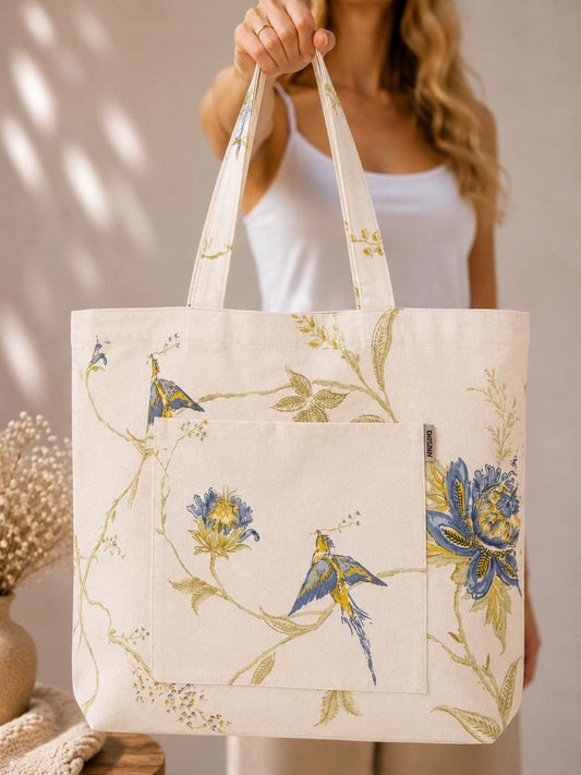 Blue Bird Botanical Cotton Tote Bag | Vintage Floral Shoulder Bag | Cottagecore Reusable Shopping Bag with Front Pocket